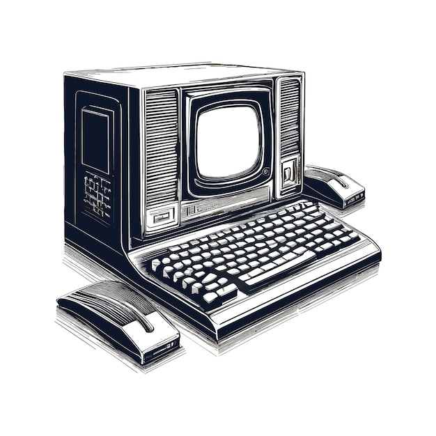 Vector retro vintage computer sketch hand drawn in doodle style illustration