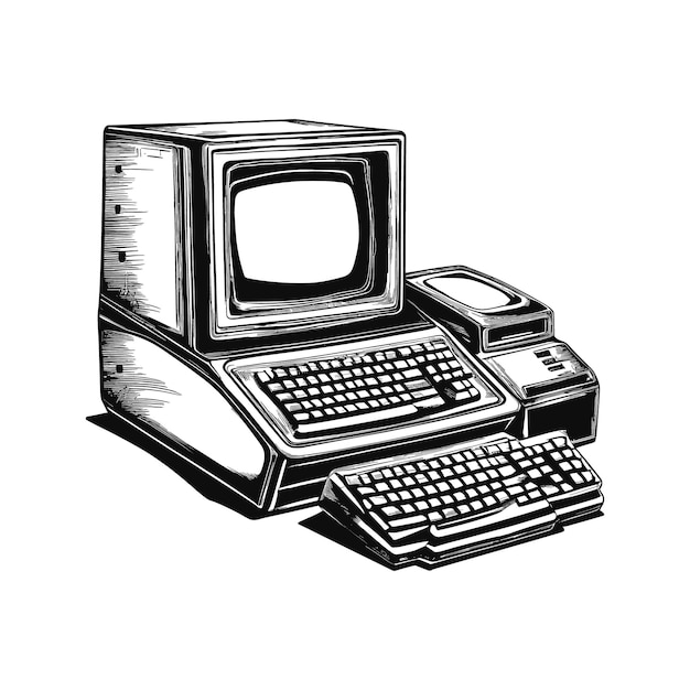 Vector retro vintage computer sketch hand drawn in doodle style illustration