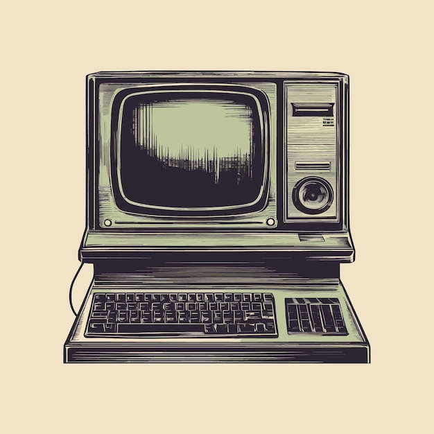 Vector retro vintage computer sketch hand drawn in doodle style illustration