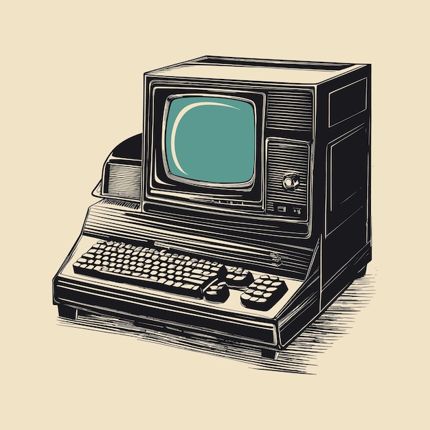 Vector retro vintage computer sketch hand drawn in doodle style illustration