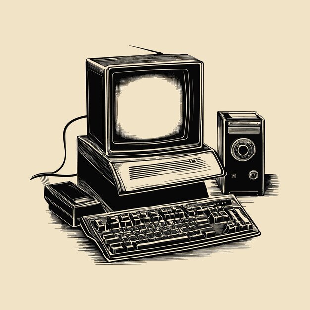 Vector retro vintage computer sketch hand drawn in doodle style illustration