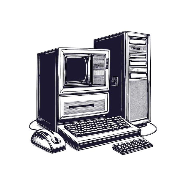 Vector retro vintage computer sketch hand drawn in doodle style illustration