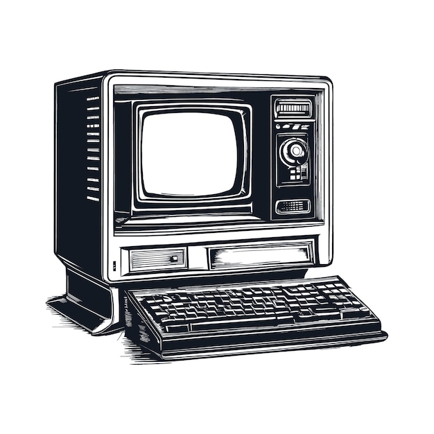 Vector retro vintage computer sketch hand drawn in doodle style illustration