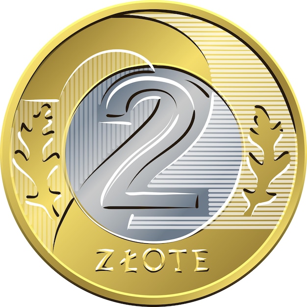 Vector reverse Polish Money two zloty gold and silver coin with Value and 2 leaves in ring portion