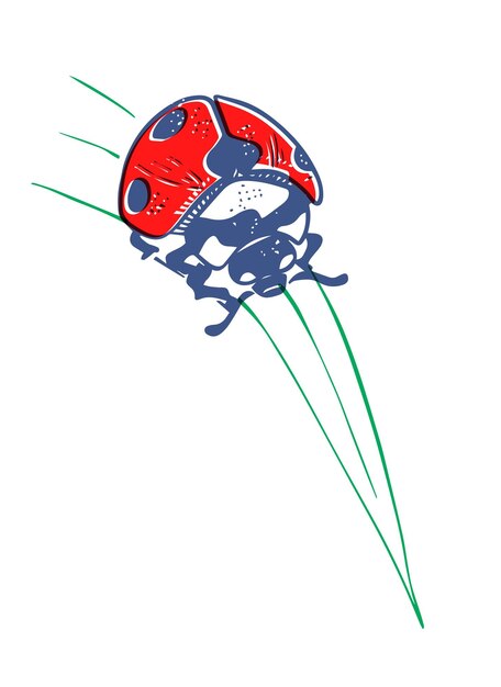 Vector riso print stijl ladybug rood kruipen op gras zwarte lineart geïsoleerd op witte achtergrond