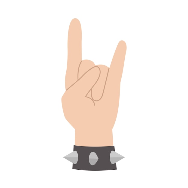 Vector rock hand gesture, flat metal and punk arm symbol with armlet, rocker sign with bracelet