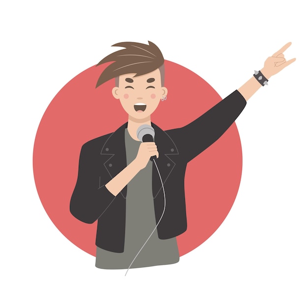 Vector rock singer with microphone and punk hand gesture, rocker man singing metal, cool vocalist