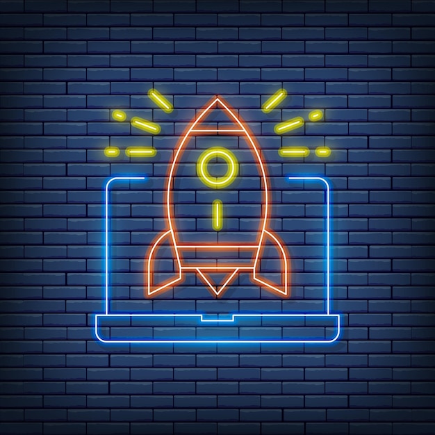 Vector rocket launch from laptop startup neon sign Vector illustration in neon style