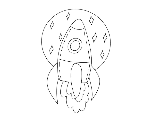 星の間のベクトルロケット落書きアイコンは黒い輪郭で描かれています