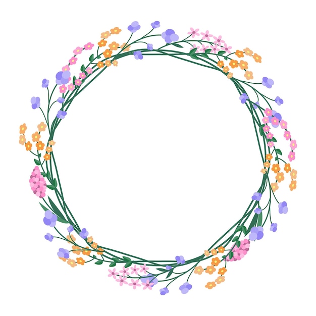Vector ronde bloemen frame van bloemen geïsoleerd op wit cartoon stijl sjabloon