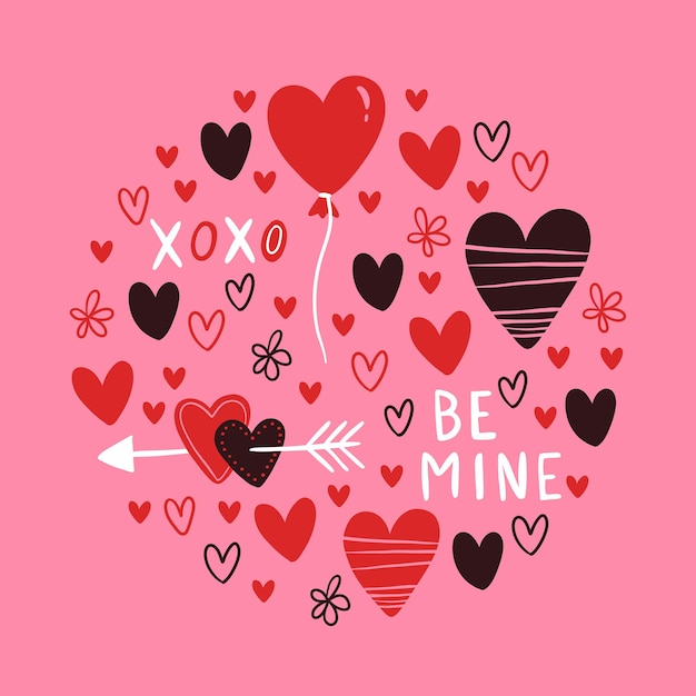 Vector ronde patroon met rode en roze hartjes ballon Freehand doodle tekening voor Valentijnsdag Kan worden gebruikt op de verpakking van papier stof achtergrond voor verschillende afbeeldingen enz
