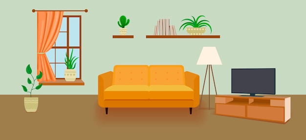 Vector room background, interior cartoon illustration, background template, sofa, tv, window, home plants.