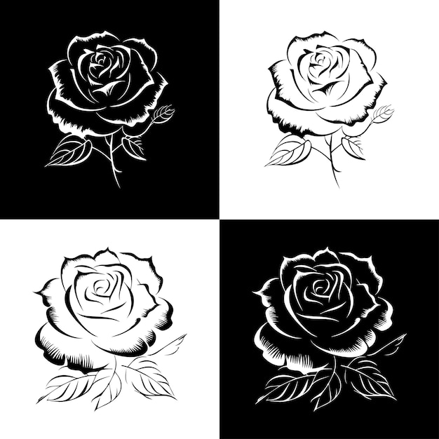 Векторные розы силуэт черно-белый шаблон