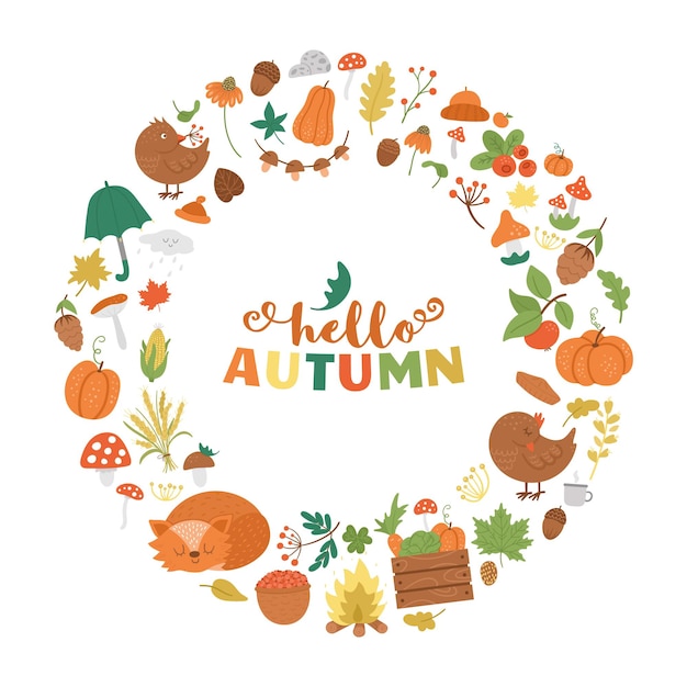 Vector round autumn frame with animals, plants, leaves, bell, pumpkins. fall season wreath