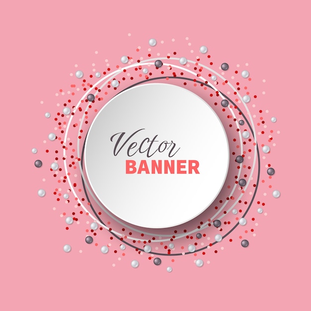 Vector round banner. White frames, black and white pearls and red confetti on soft pink background.