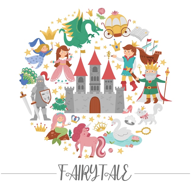 Vector round frame with fairy tale characters objects Fairytale card template design for banners invitations with princess and prince Cute fantasy castle illustration with magic elementsxA