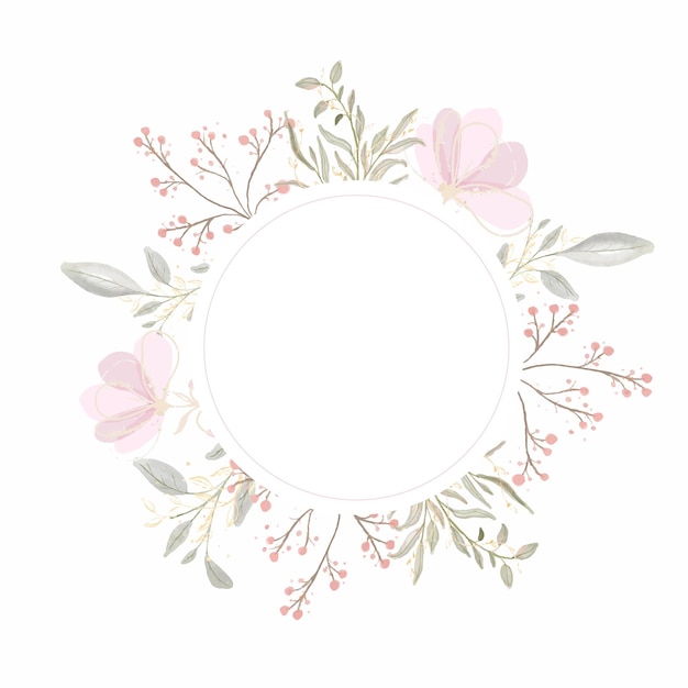 Vector round frame with watercolor flowers and leaves on white background in pastel colors