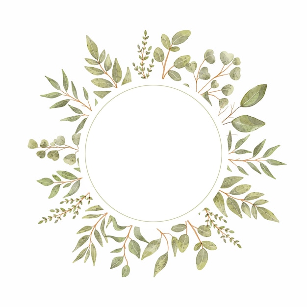Vector vector round frame with watercolor leaves on white background in pastel colors