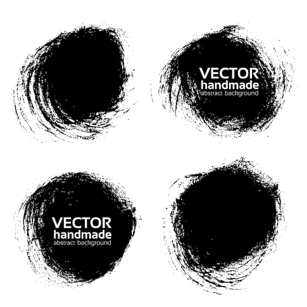 Vector round handmade black strokes backgrounds painted by dry brush isolated on a white background