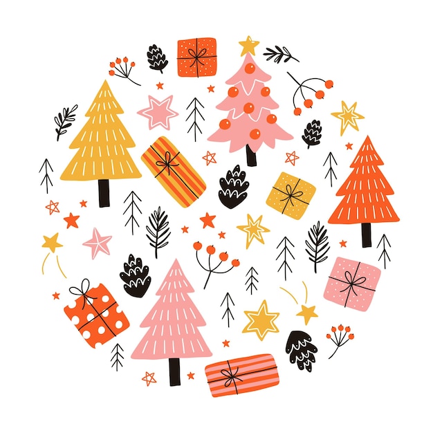 Illustrazione rotonda vettoriale su sfondo bianco abeti e regali di natale in semplice stile doodle ideale per i poster e il design delle cartoline per le vacanze di natale