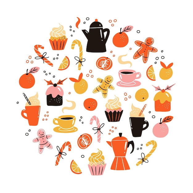 Vector round illustration with Christmas drinks and food Cups with coffee tea hot chocolate with whipped cream and gingerbreads cake lollipops and clementines