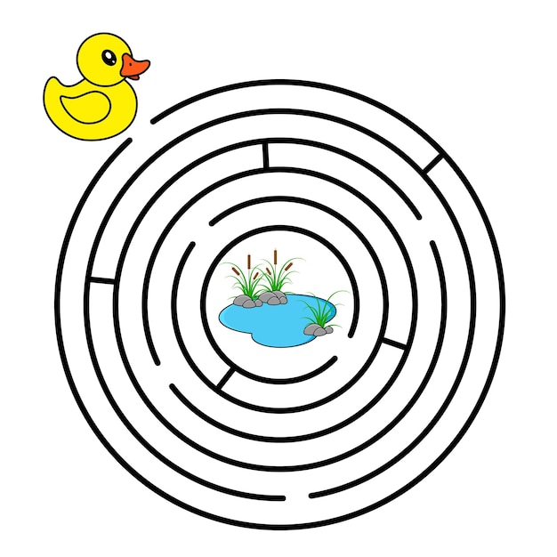 Vector Round Maze Labyrinth conundrum with duck and pond Find the right path Puzzle for children