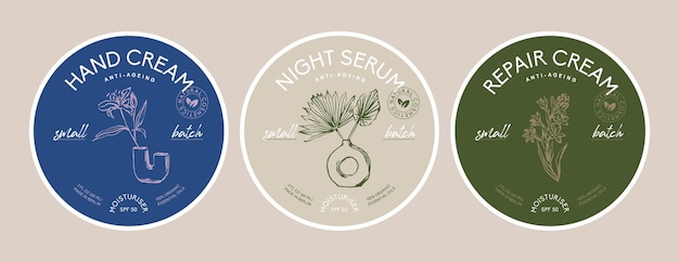 Vector round packaging label design template collection with botanical illustrations