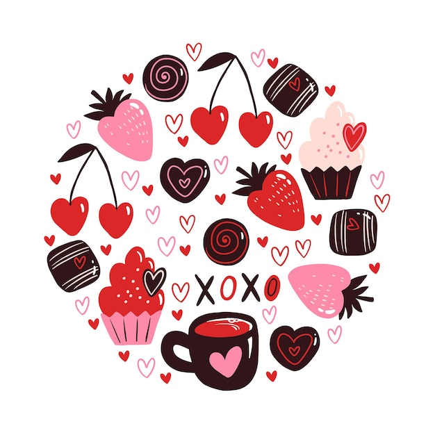 Вектор Векторный круглый узор для кексов на день святого валентина, вишневые, клубничные и шоколадные конфеты. иллюстрация каракулей для заполнения обоев текстурами поверхности фона веб-страницы.