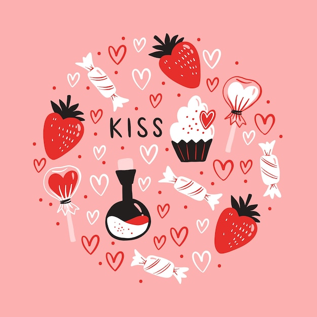 Vector round pattern for Valentines Day Cupcake lollipop candy strawberry and love potion Doodle illustration for wallpaper fill web page background surface textures