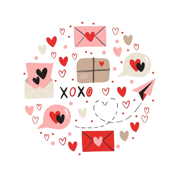 Vector round pattern for Valentines Day Heart envelope parcel paper plane Doodle illustration for wallpaper fill web page background surface textures