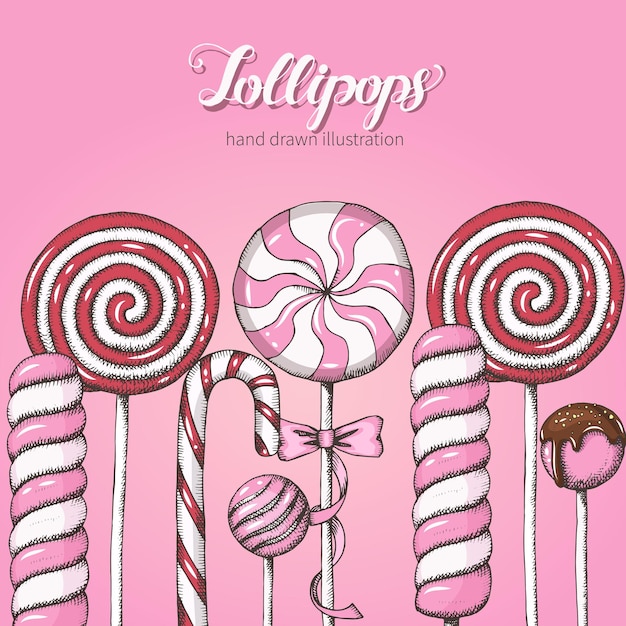 Vector roze achtergrond met hand getrokken verschillende snoepjes Set lollies voor menu reclame en banners Sketch belettering