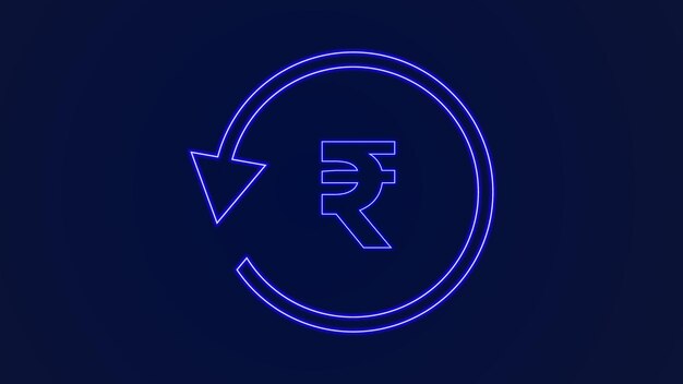 Vettore icona rupia vettoriale con freccia rotonda icona rupia di colore ciano e blu su sfondo scuro