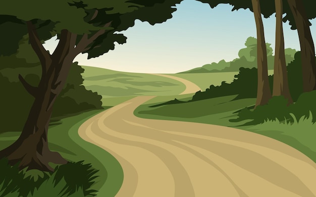 Vector vector rural forest nature landscape with road and meadow