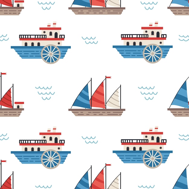 Vector vector sailboats and ships seamless pattern