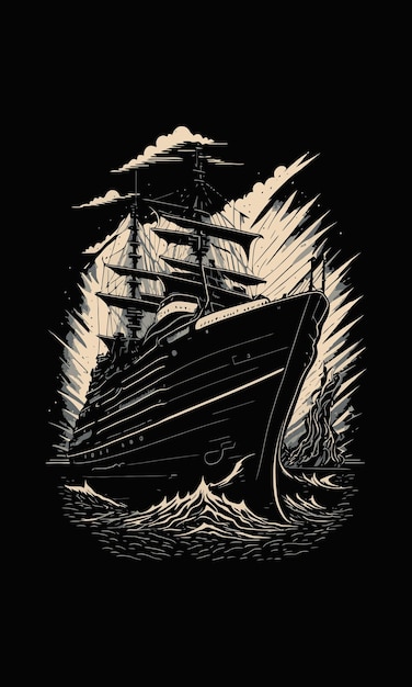 Vector of a sailing ship under the full moon on the ocean