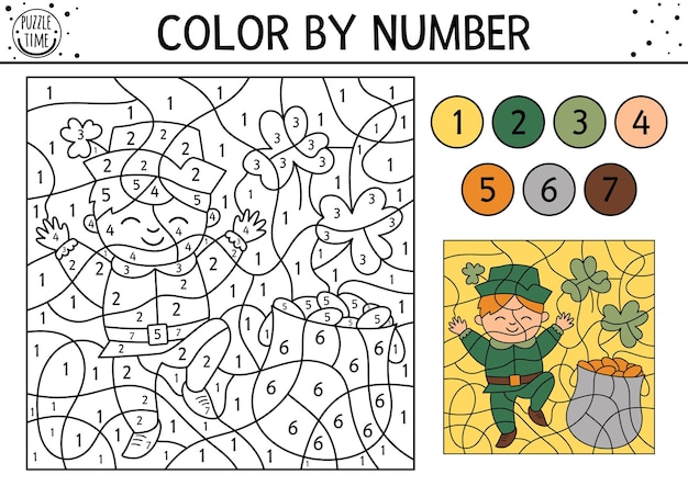 Vector saint patrick color by number activity with boy shamrock\
leaves pot with gold spring holiday coloring and counting game with\
cute kid funny irish holiday coloration page for kids xa