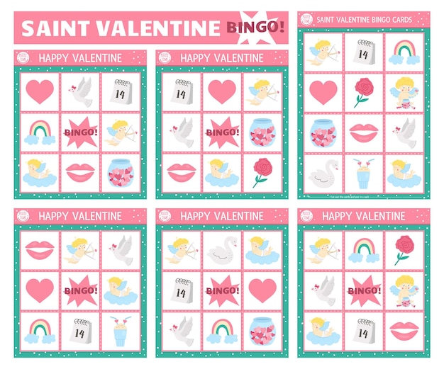 Vector Saint Valentine bingo cards set Fun family lotto board game with cute cupid heart rose swan dove for kids Love holiday lottery activity Simple educational printable worksheetxA