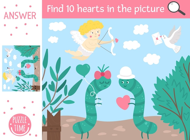 Вектор День Святого Валентина поиск игра с милыми гусеницами в саду. Найдите скрытые сердечки на картинке. Простое веселое образовательное праздничное задание для печати для детей с забавными персонажами