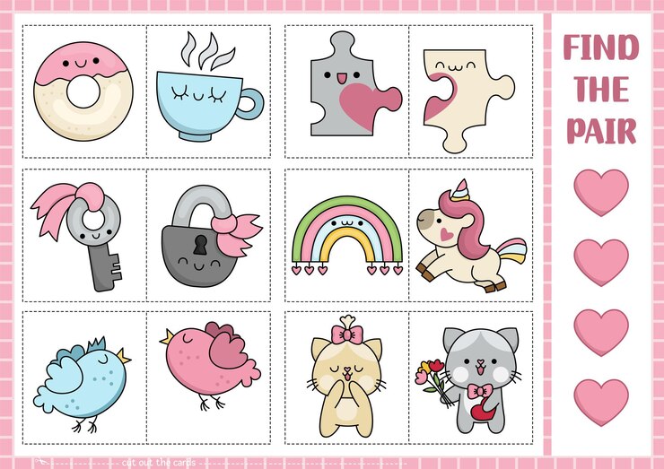 Vector ベクトル・サン・バレンタイン・ミックス・アンド・マッチ・パズル (vector saint valentine mix-and-match puzzle) カワイイ・キャラクターとマッチする愛の休日活動子供向けの教育ゲーム猫のパズル・ピースでペアを見つけなさい 完璧なマッチ・コンセプト (perfect match concept) 