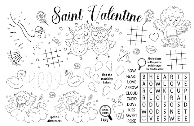 Vector Saint Valentine placemat for kids Love holiday printable activity mat with maze tic tac toe charts connect the dots find difference Black and white play mat or coloring pagexA