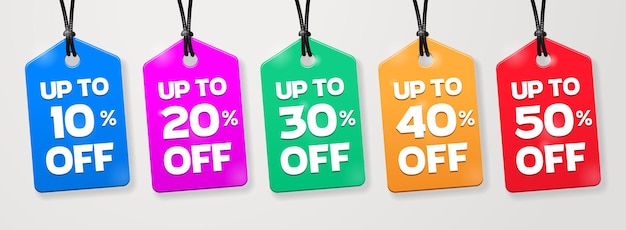 Vector sale paper labels with numbers from 10 to 50 percent. bright coloured discount emblems on soft light background. vector eps10 graphics.