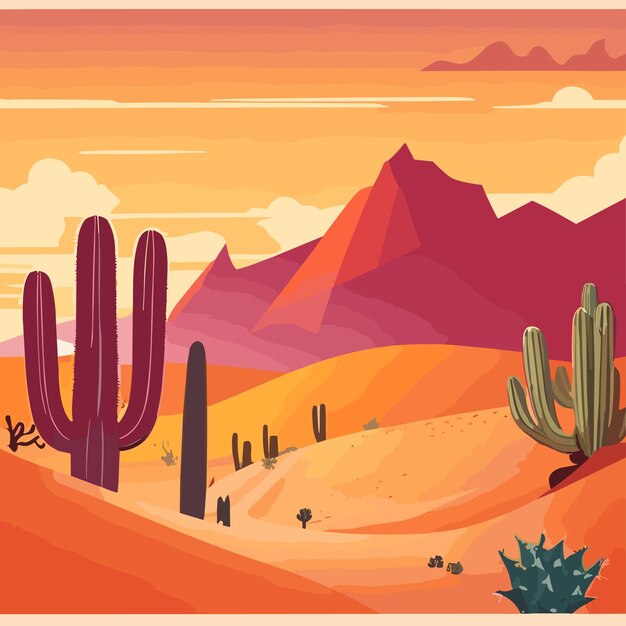 Vector sand desert landscape in the sunset with cactus and mountains flat color vector