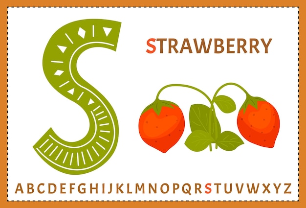 Vector Scandinavian alphabet Cartoon kids alphabet Hand drawn design to learn letters Excellent for the design of postcards posters stickers etc S strawberry