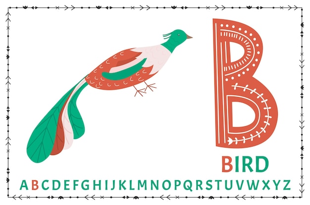 Alfabeto scandinavo vettoriale alfabeto per bambini cartone animato design disegnato a mano per imparare le lettere eccellente per la progettazione di cartoline, poster, adesivi e così via b bird