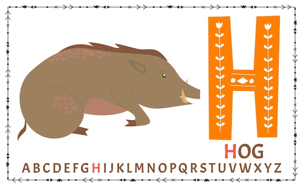 ベクトル スカンジナビアのアルファベット 漫画の子供のアルファベット 文字を学ぶための手描きのデザイン ポストカード ポスター ステッカーなどのデザインに最適 H Hog