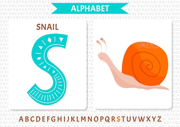 Векторный скандинавский алфавит Мультяшный детский алфавит Ручной рисунок для изучения букв Отлично подходит для оформления открыток, плакатов, наклеек и так далее S Snail