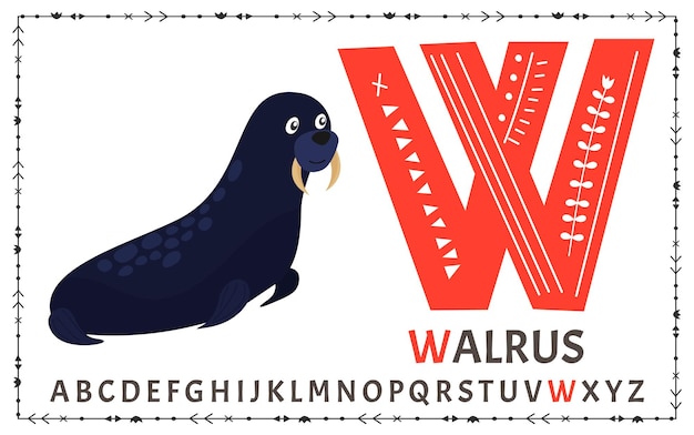 Alfabeto scandinavo vettoriale alfabeto per bambini cartoon design disegnato a mano per imparare le lettere eccellente per la progettazione di cartoline poster adesivi e così via w walrus