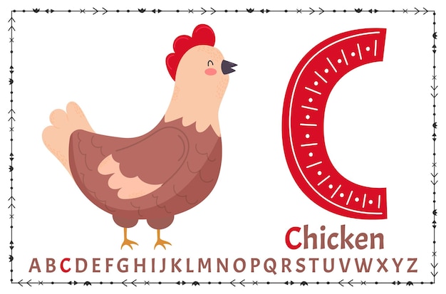 Векторный скандинавский алфавит мультяшный детский алфавит ручной рисунок для изучения букв отлично подходит для оформления открыток, плакатов, наклеек и так далее c курица