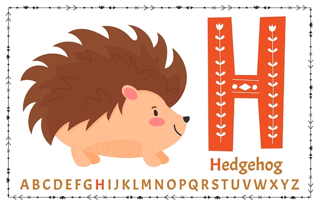 Вектор Векторный скандинавский алфавит мультяшный детский алфавит ручной рисунок для изучения букв отлично подходит для дизайна открыток, плакатов, наклеек и т. д. h hedghog