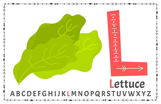 벡터 스칸디나비아 알파벳 만화 어린이 알파벳 손으로 그린 디자인 편지를 배우기 위해 엽서 포스터 스티커 디자인에 우수 L 상추